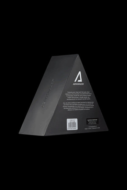 Black box for Aerospaced cannabis grinder with product details in white text.