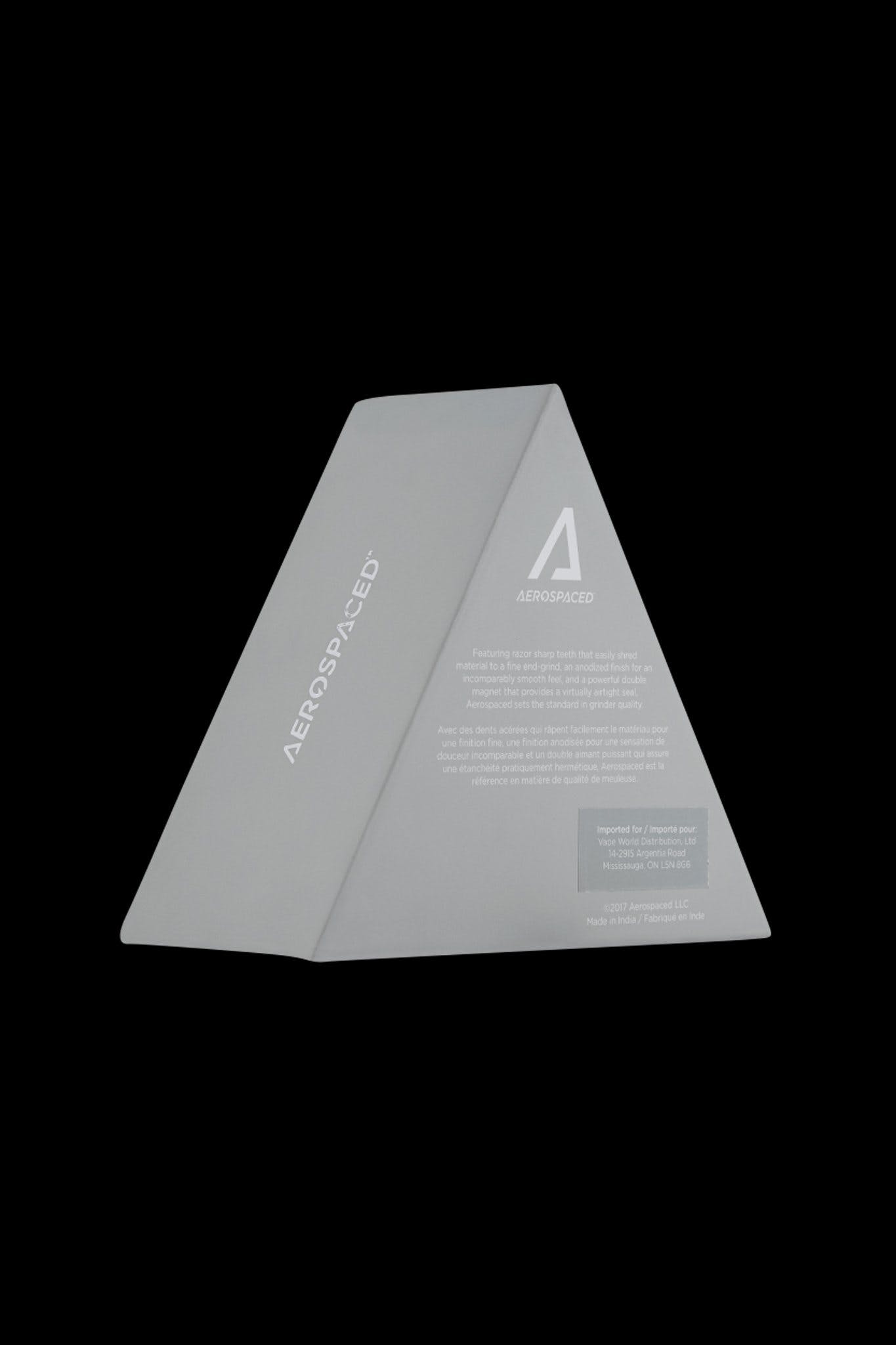 Silver, triangular cannabis packaging box with "AEROSPACED" branding and product information.