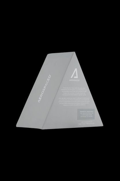 Silver, triangular cannabis packaging box with "AEROSPACED" branding and product information.