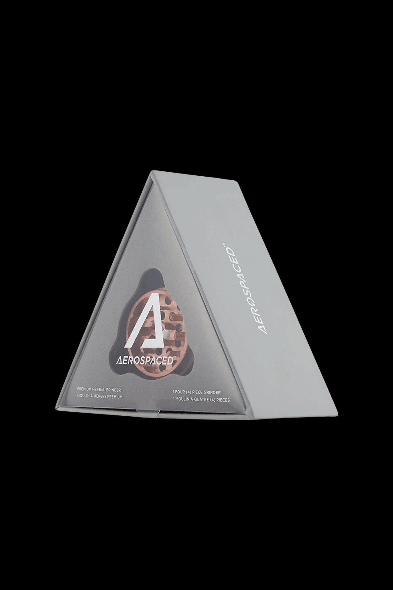 A triangular box for “AEROSPACED” premium four-piece cannabis grinder, featuring a dark, stylized logo.