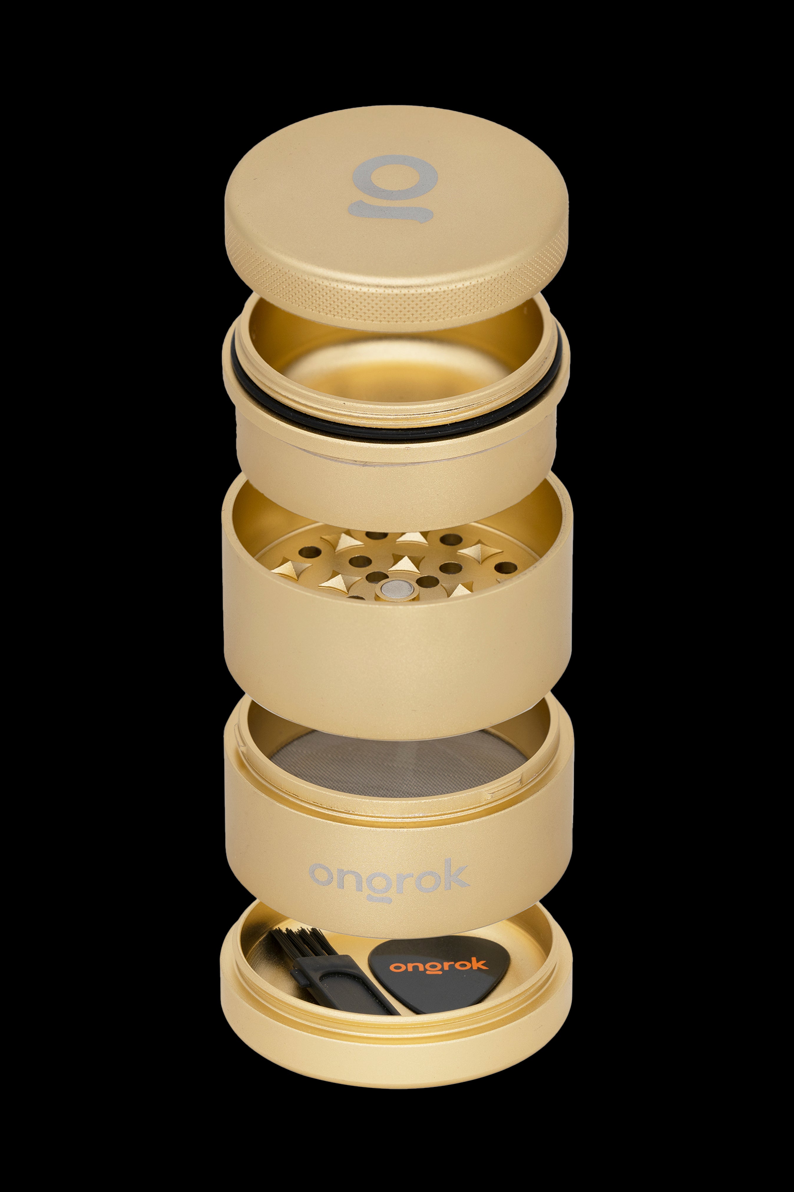 Gold cannabis grinder with multiple chambers, displaying the Onrok logo.