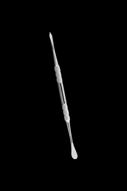 A close-up view of the Pulsar Double-Sided Metal Vape Tool with a sleek, silver finish, angled against a dark background.