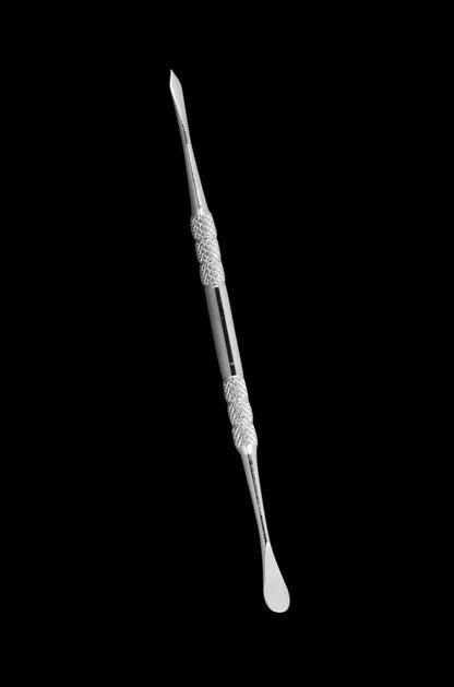 A close-up, angled view of the Pulsar Double-Sided Metal Vape Tool, showing its sleek, silver finish and dual-ended design.