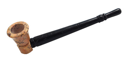 A side view of the Stone Pipe with Wooden Stem, showing a brown stone bowl connected to a long, dark wooden stem.