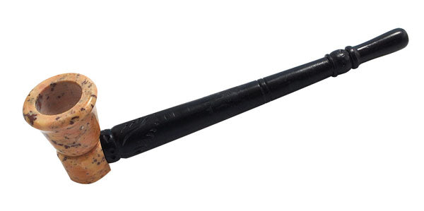 A side view of the Stone Pipe with Wooden Stem, showing a brown stone bowl connected to a long, dark wooden stem.