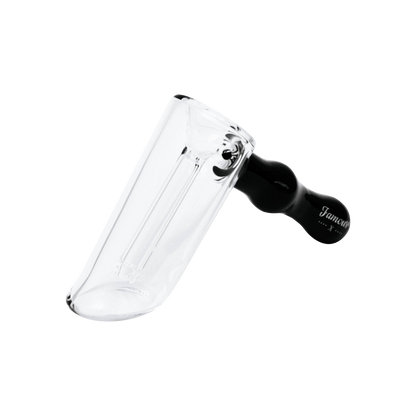 Angled close-up of the Famous X Straight Hammer Bubbler Pipe showing its clear glass chamber and black hammered handle against a white background
