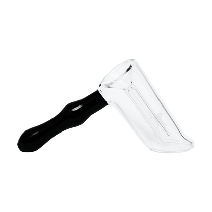 Close-up angled view of the Famous X Straight Hammer Bubbler Pipe showing its clear glass chamber and glossy black handle.