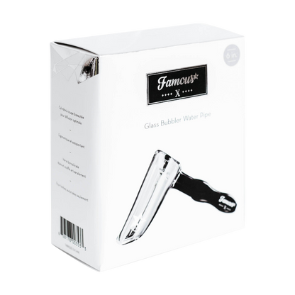 Angled close-up of the white box showing the Famous X Straight Hammer Bubbler Pipe logo and a partial glass pipe image.