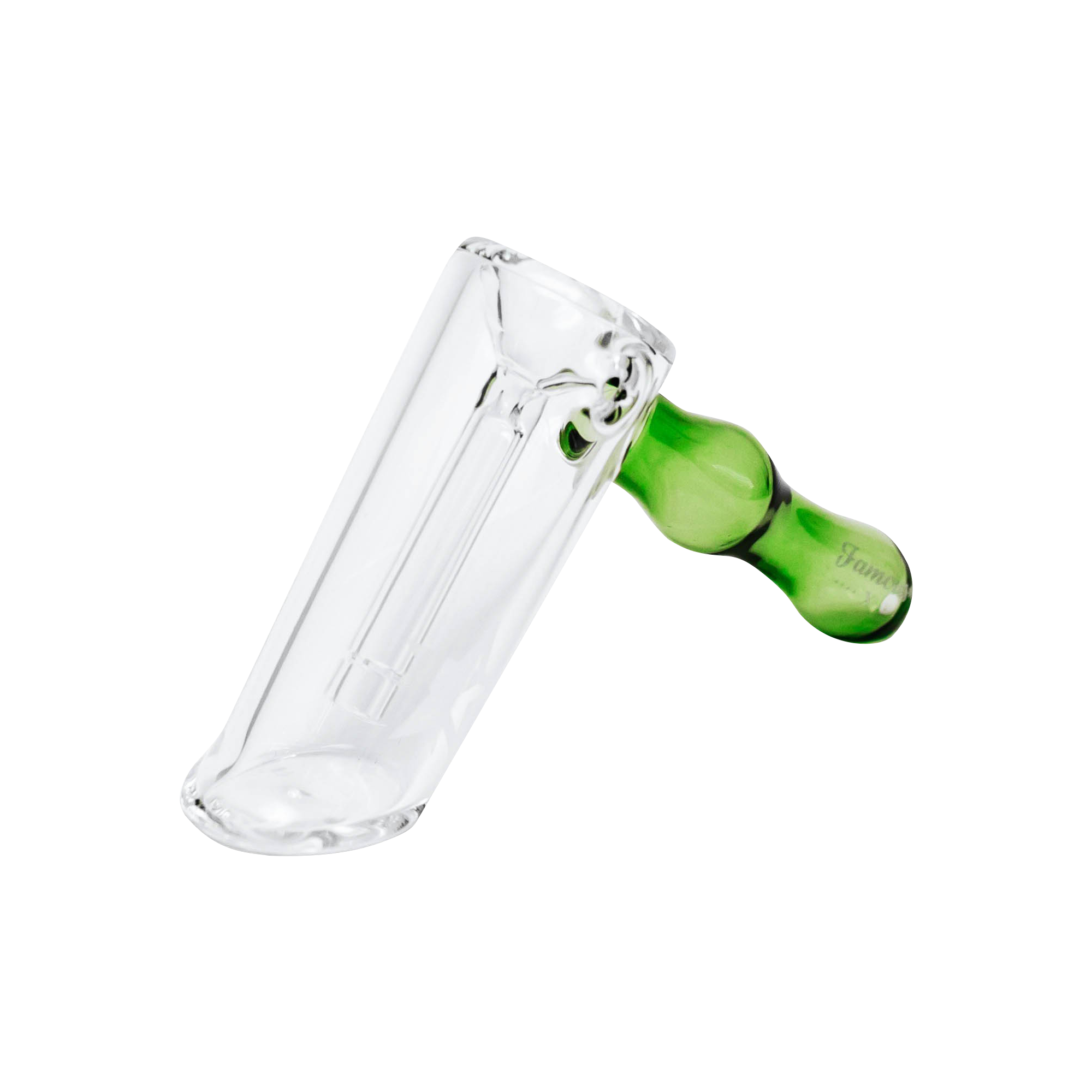Angled close-up of the Famous X Straight Hammer Bubbler Pipe showing a clear glass tube and a glossy green hammer-shaped mouthpiece.