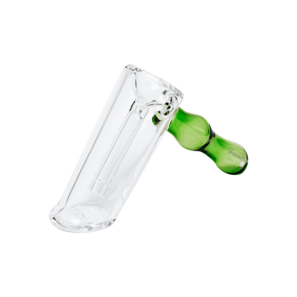 Angled close-up of the Famous X Straight Hammer Bubbler Pipe showing a clear glass tube and a glossy green hammer-shaped mouthpiece.
