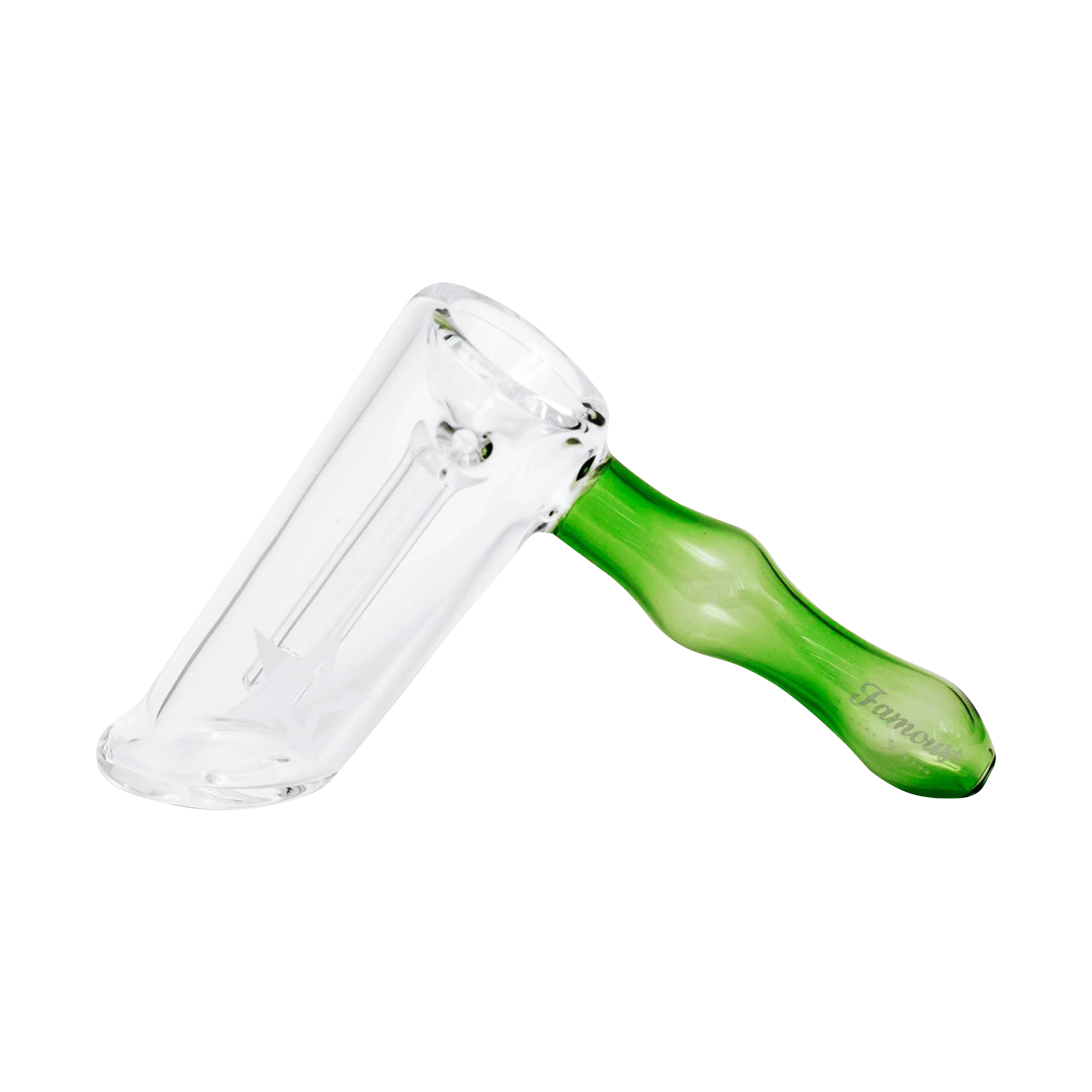 Close-up angled view of the Famous X Straight Hammer Bubbler Pipe showing the clear glass chamber meeting a green hammer-style handle.