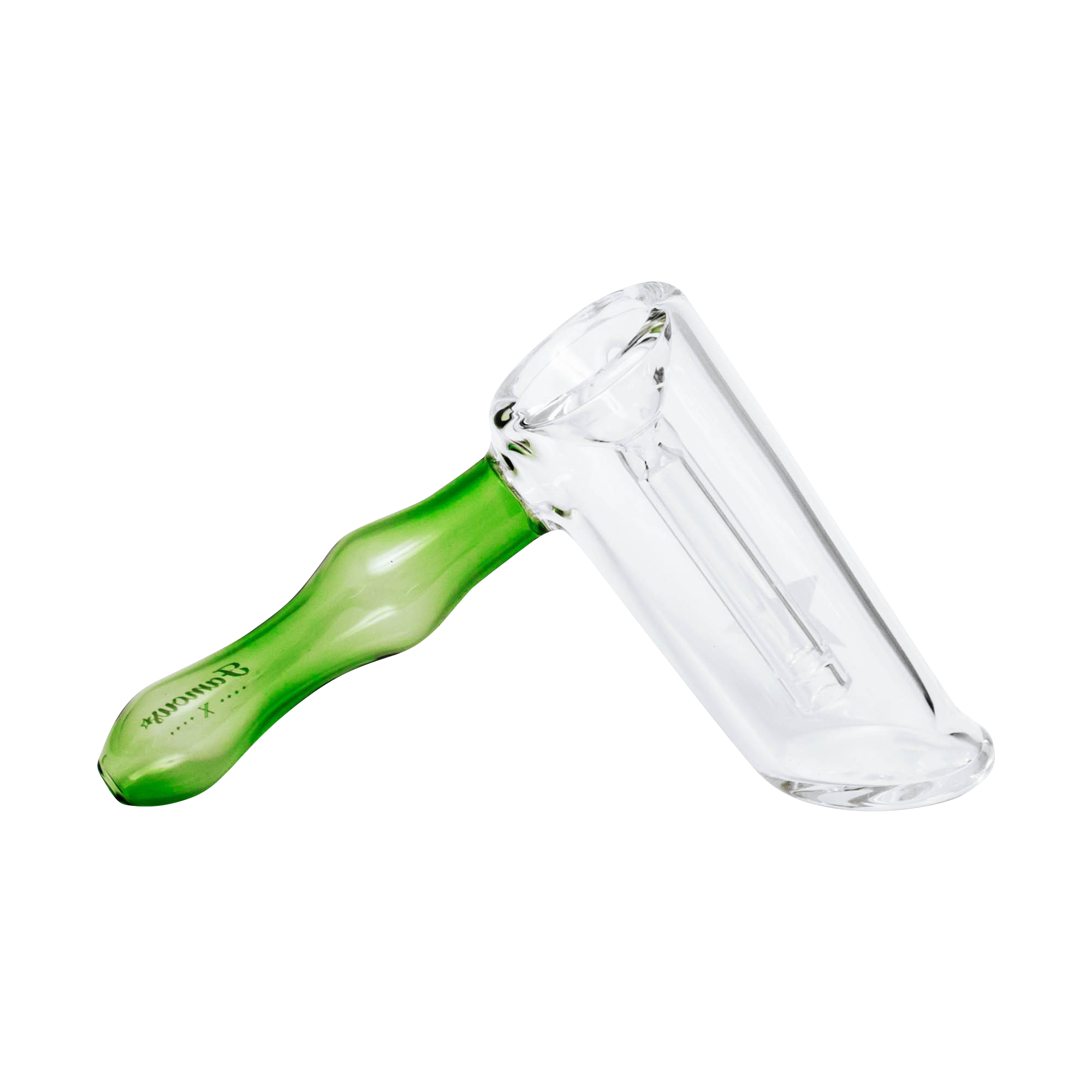 Angled close-up of the clear and green Famous X Straight Hammer Bubbler Pipe showing the bowl, joint, and textured green handle.