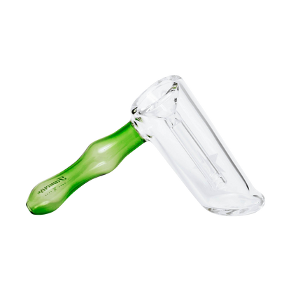 Angled close-up of the clear and green Famous X Straight Hammer Bubbler Pipe showing the bowl, joint, and textured green handle.