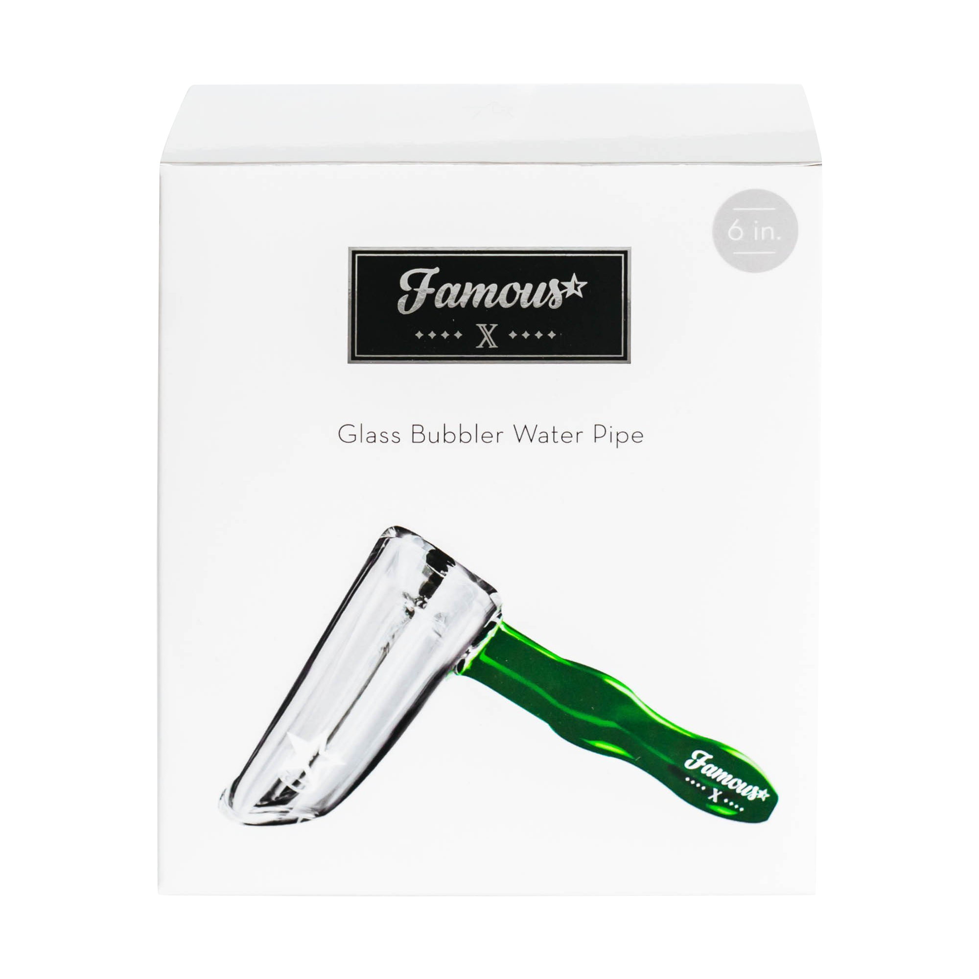 Angled close-up of the Famous X Straight Hammer Bubbler Pipe showing a clear glass chamber and a green hammered handle on a white background