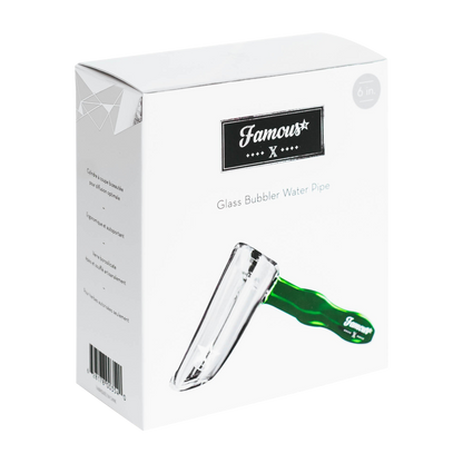 Angled product shot showing the Famous X Straight Hammer Bubbler Pipe box with a partial clear glass pipe and green handle visible.