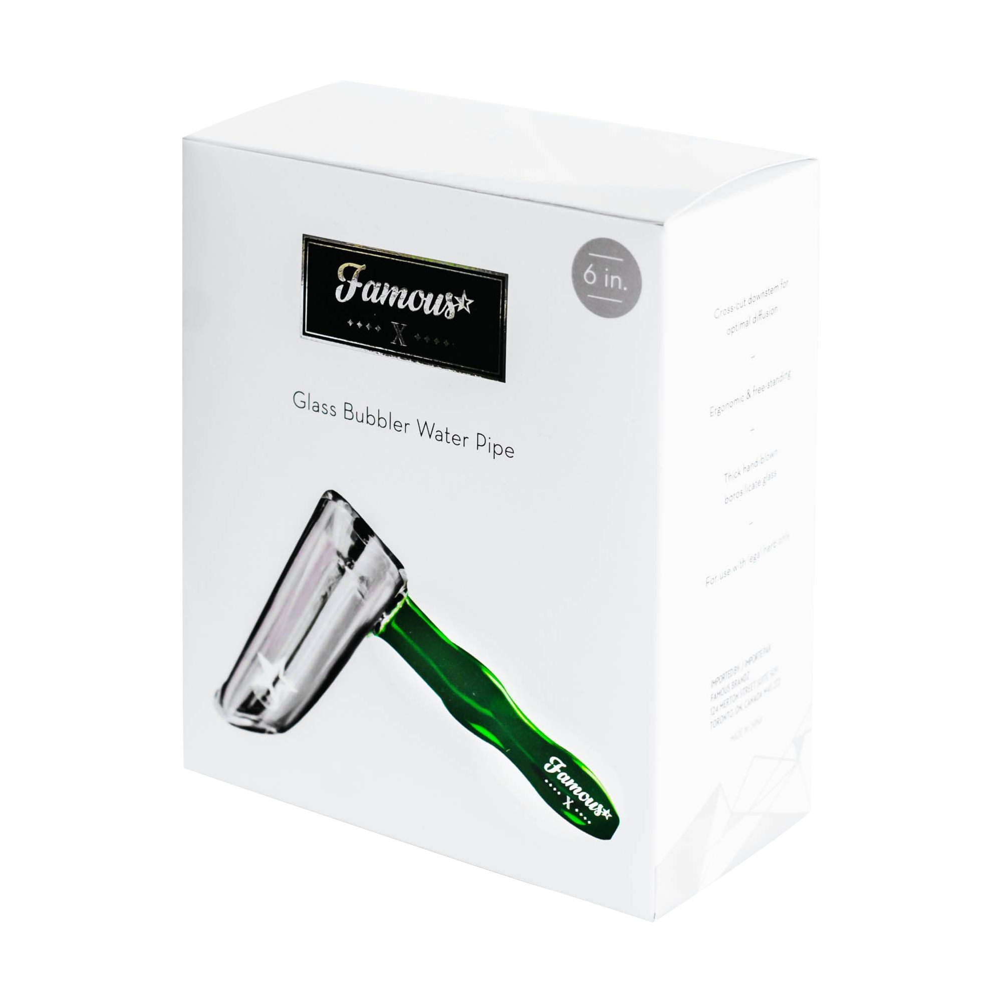 Angled close-up of the box artwork showing the Famous X Straight Hammer Bubbler Pipe with a green handle and white background.