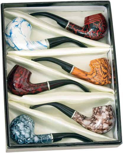 A top-down view showcases the six Fujima Tobacco Pipes neatly arranged inside their packaging, displaying a variety of colored finishes.