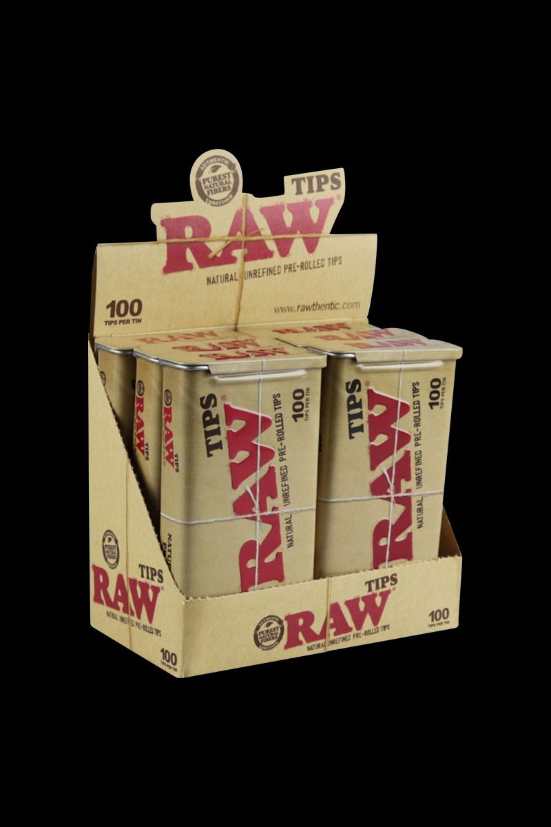 A stack of RAW Pre-Rolled Tips, displayed from a slightly angled front view against a plain white backdrop.