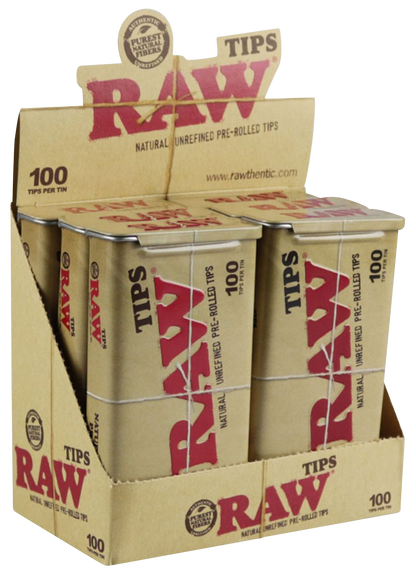 A close-up, slightly angled view of the RAW Pre-Rolled Tips packaging, displaying text for "600 Tips" and a clear brand logo.