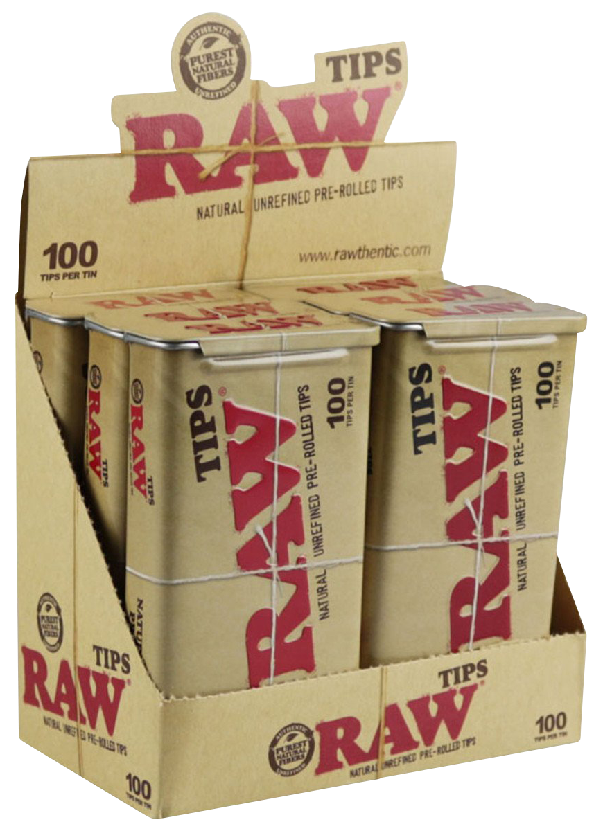 A close-up, slightly angled view of the RAW Pre-Rolled Tips packaging, displaying text for "600 Tips" and a clear brand logo.