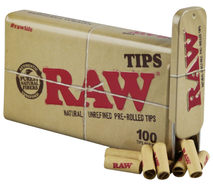 A close-up, angled shot of a stack of RAW Pre-Rolled Tips, featuring the branded packaging in the background.