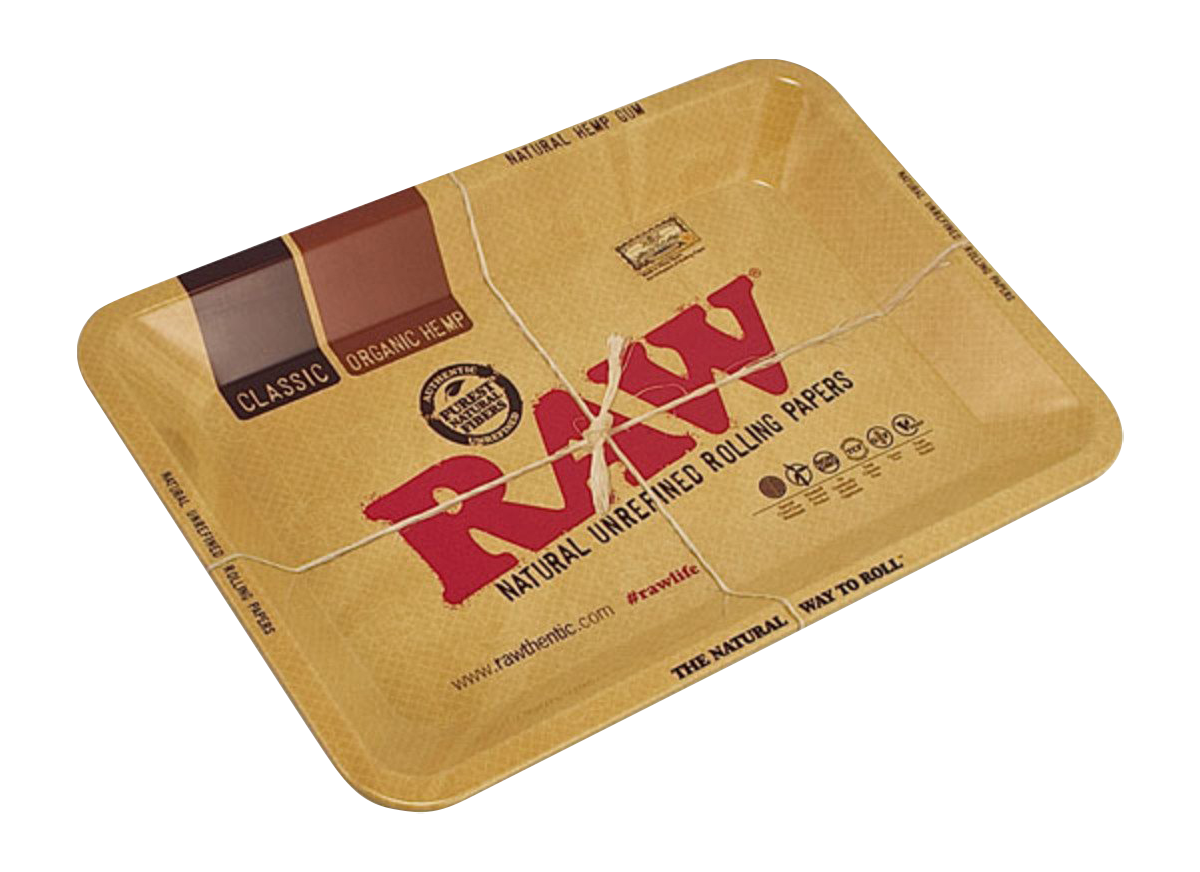 Raw rolling papers tin with stacked papers visible inside.