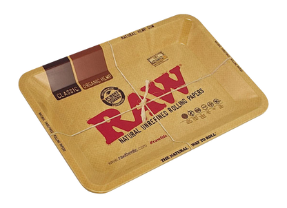 Raw rolling papers tin with stacked papers visible inside.