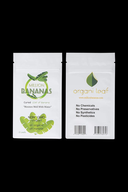 Front view of the Million Bananas Pouch Cured Rolling Leaf packaging, showcasing a green leaf design against a white background.