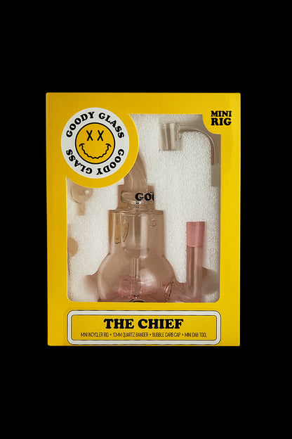 Front view of the Goody Glass The Chief Mini Rig 4-Piece Kit, showing a clear glass rig with a unique circular logo.