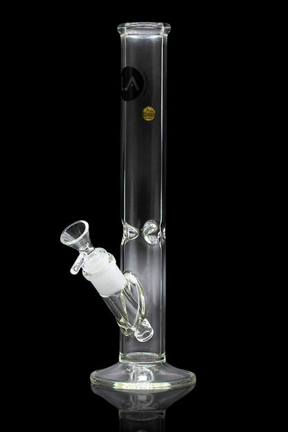 Clear glass water pipe (bong) with a removable downstem and bowl, isolated on a black background.