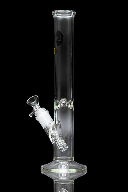 Clear glass bong with ice catcher and removable downstem, isolated on a black background.
