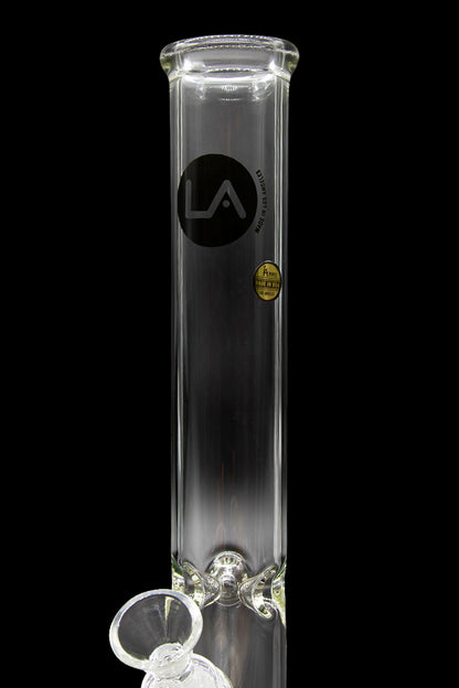 Clear glass water pipe (bong) with a diffused downstem and “LA” logo.