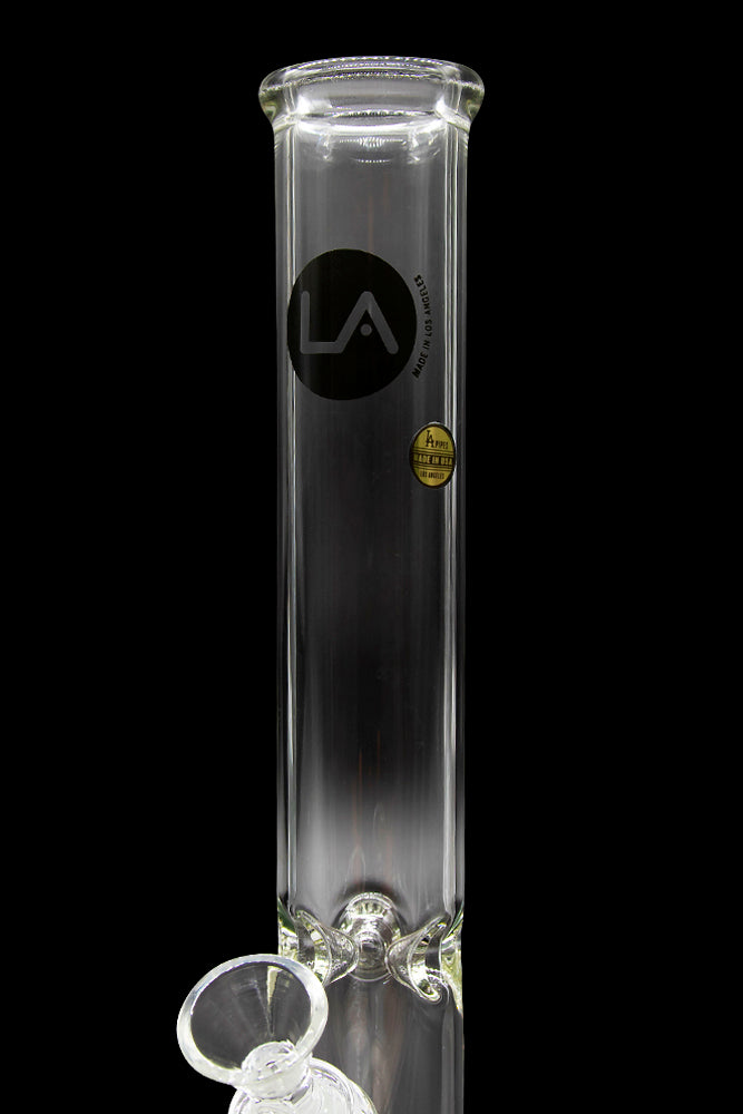 Clear glass water pipe (bong) with a diffused downstem and “LA” logo.