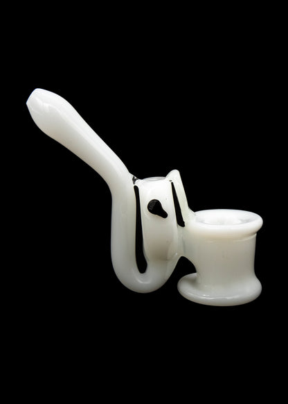 Frosted glass cannabis bubbler pipe on a black background.