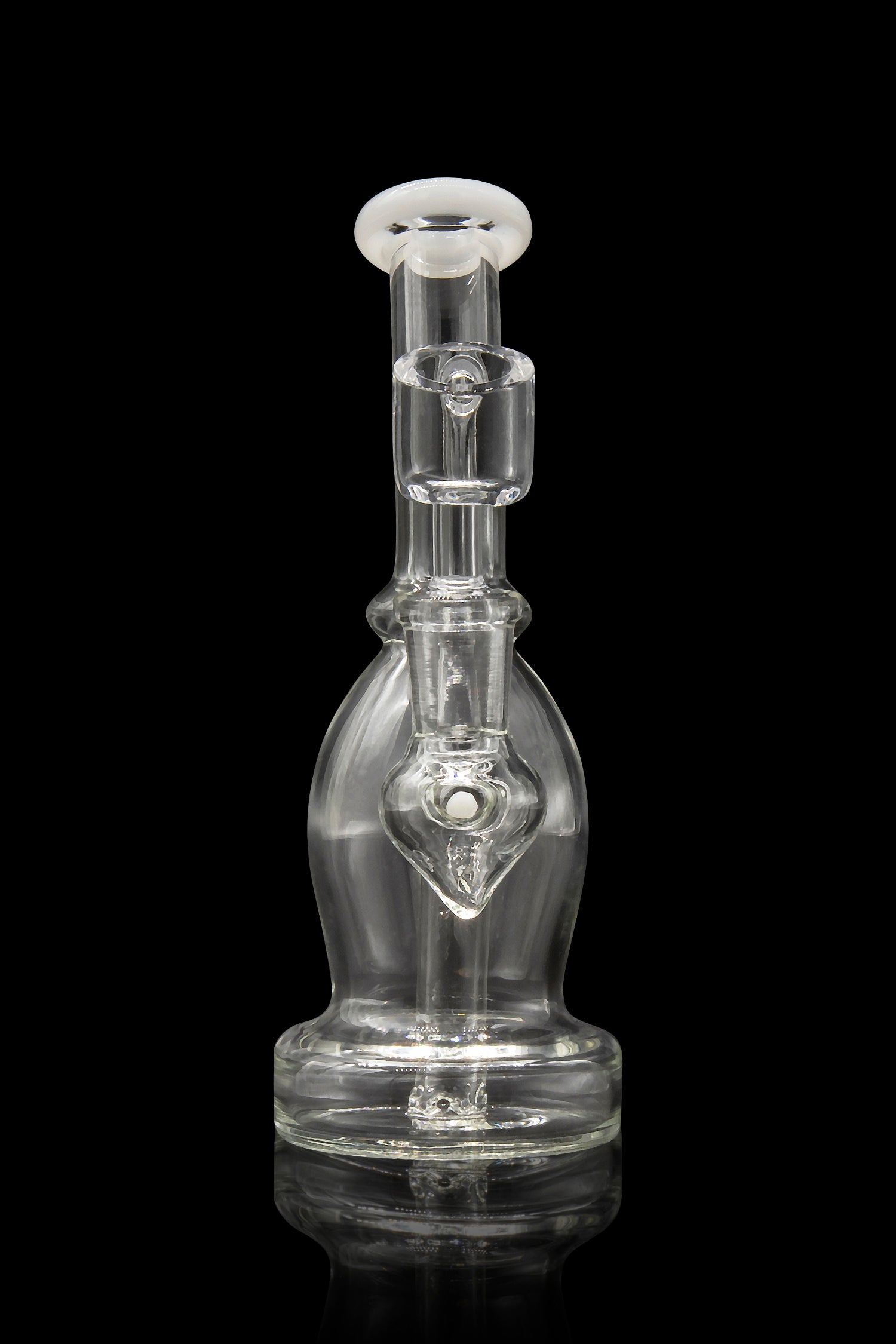 Clear glass dab rig with percolator, isolated on black.