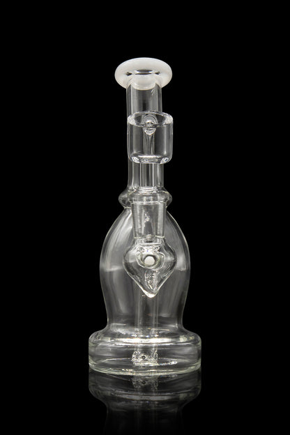 Clear glass dab rig with percolator, isolated on black.