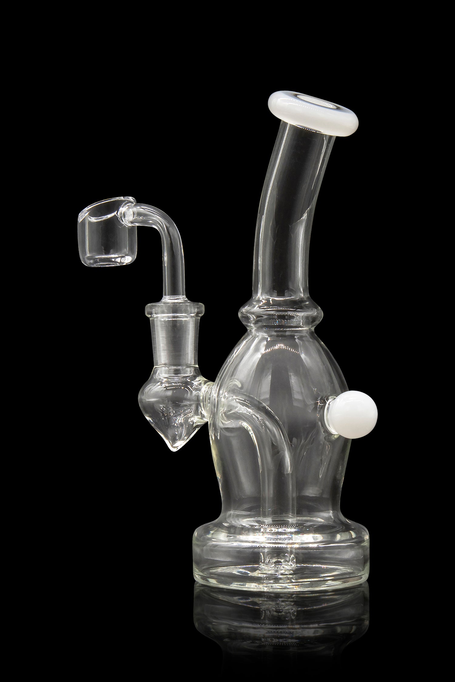 Clear glass dab rig with a quartz nail, isolated on black.