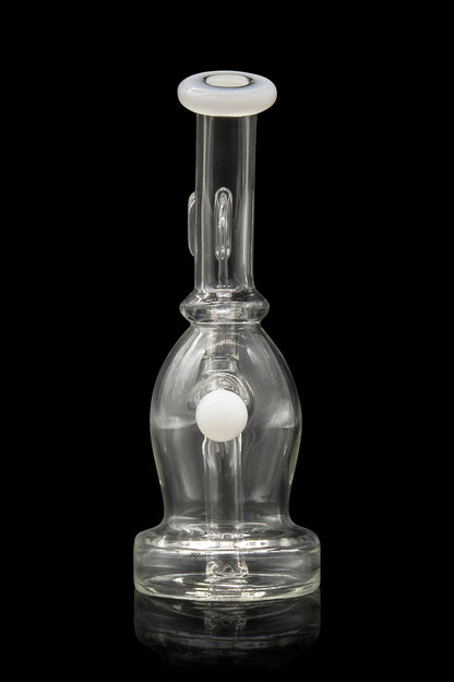 Clear glass water pipe (rig) with bubbles, isolated on black.