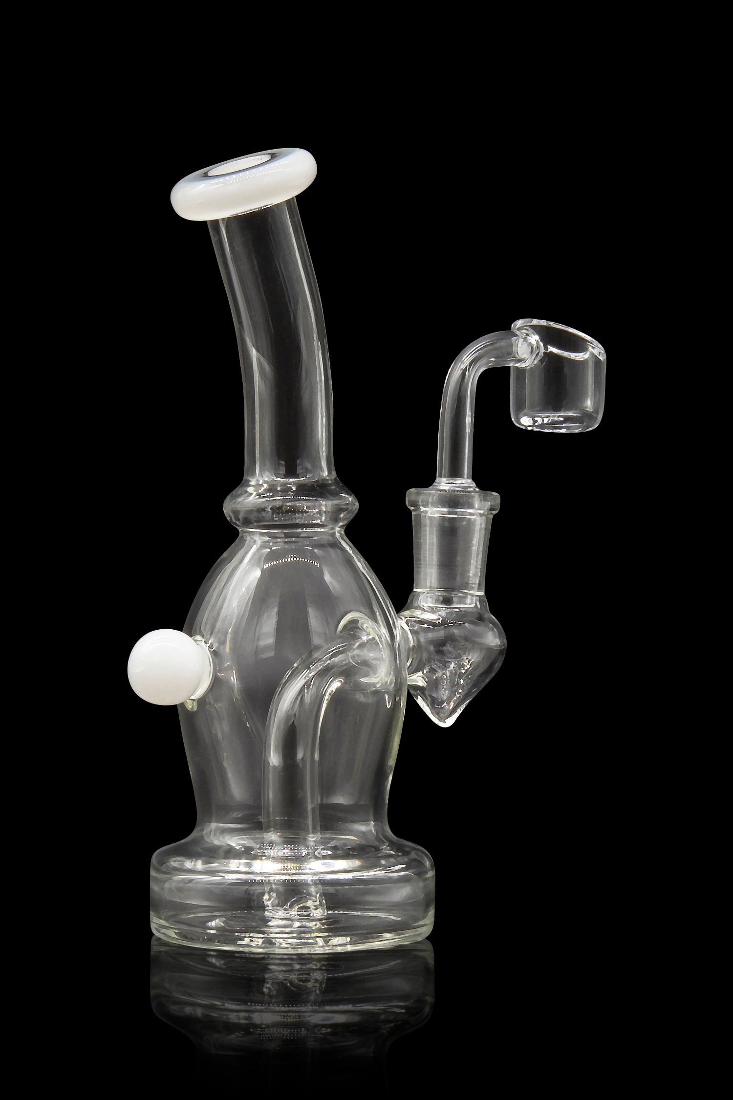 Clear glass water pipe (rig) with a quartz banger, isolated on black.