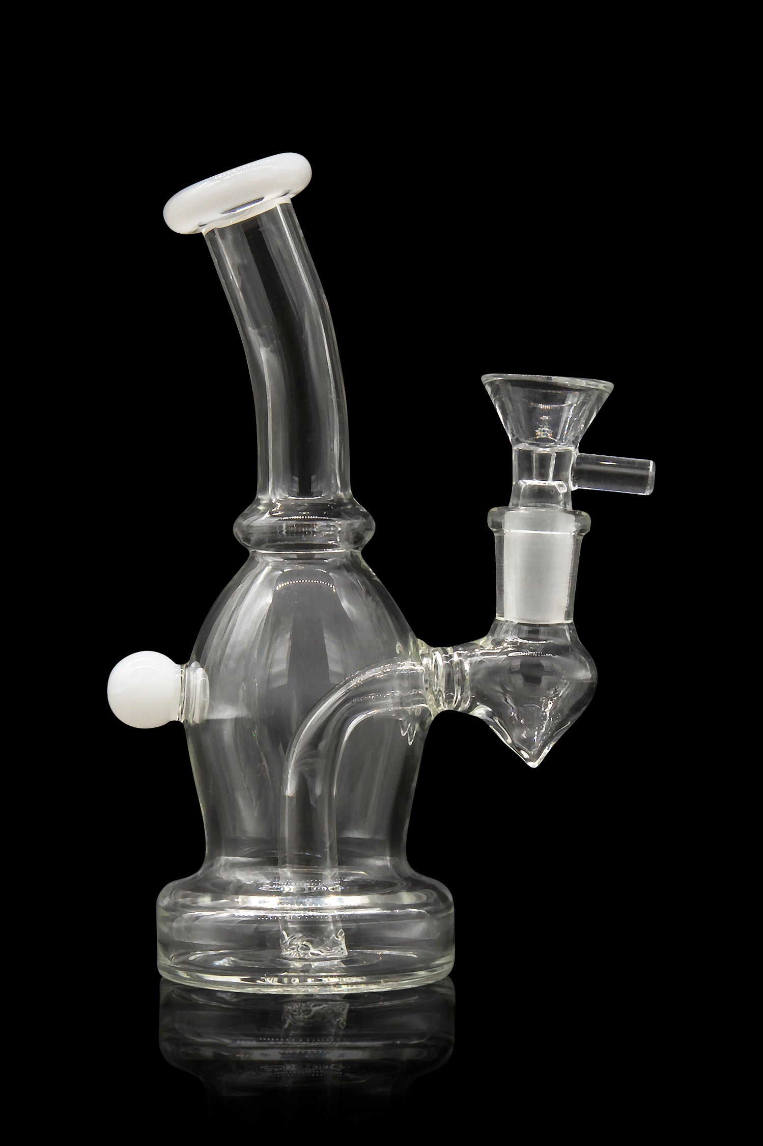 Clear glass bubbler water pipe with white accents, studio shot on a black reflective surface.