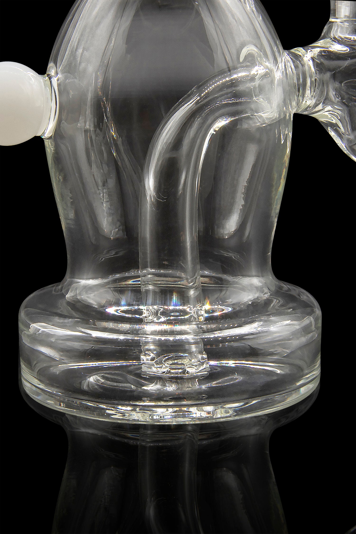 Clear glass water pipe (bong) with intricate percolator design.