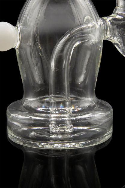 Clear glass water pipe (bong) with intricate percolator design.