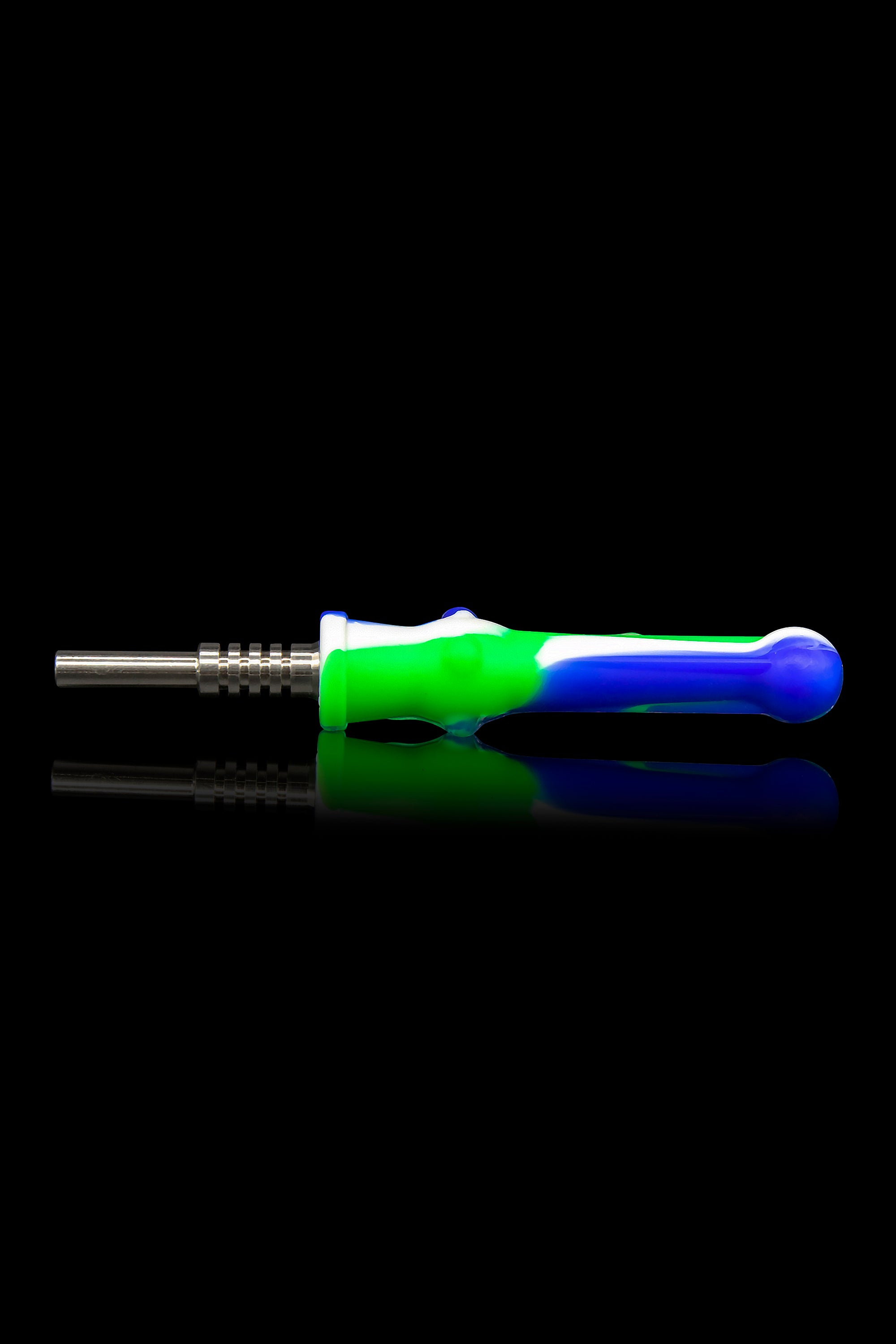 Colorful silicone dab tool with a metal tip, isolated on a black reflective surface.