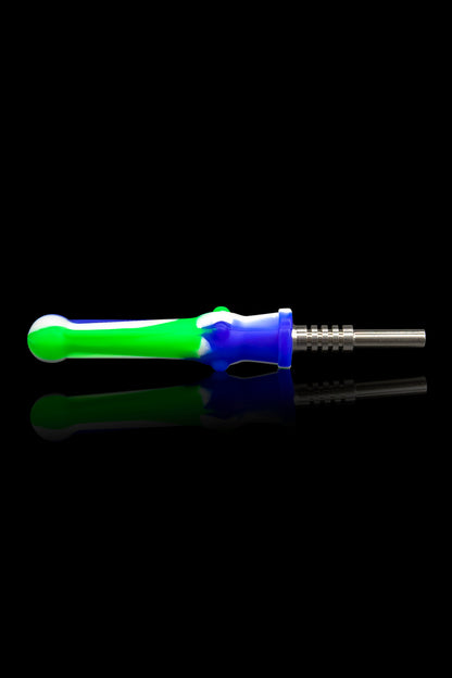 Colorful silicone dab tool with a titanium tip, isolated on black.