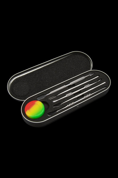 Cannabis dab tool kit with stainless steel applicators and a colorful silicone container, displayed in an open black case.