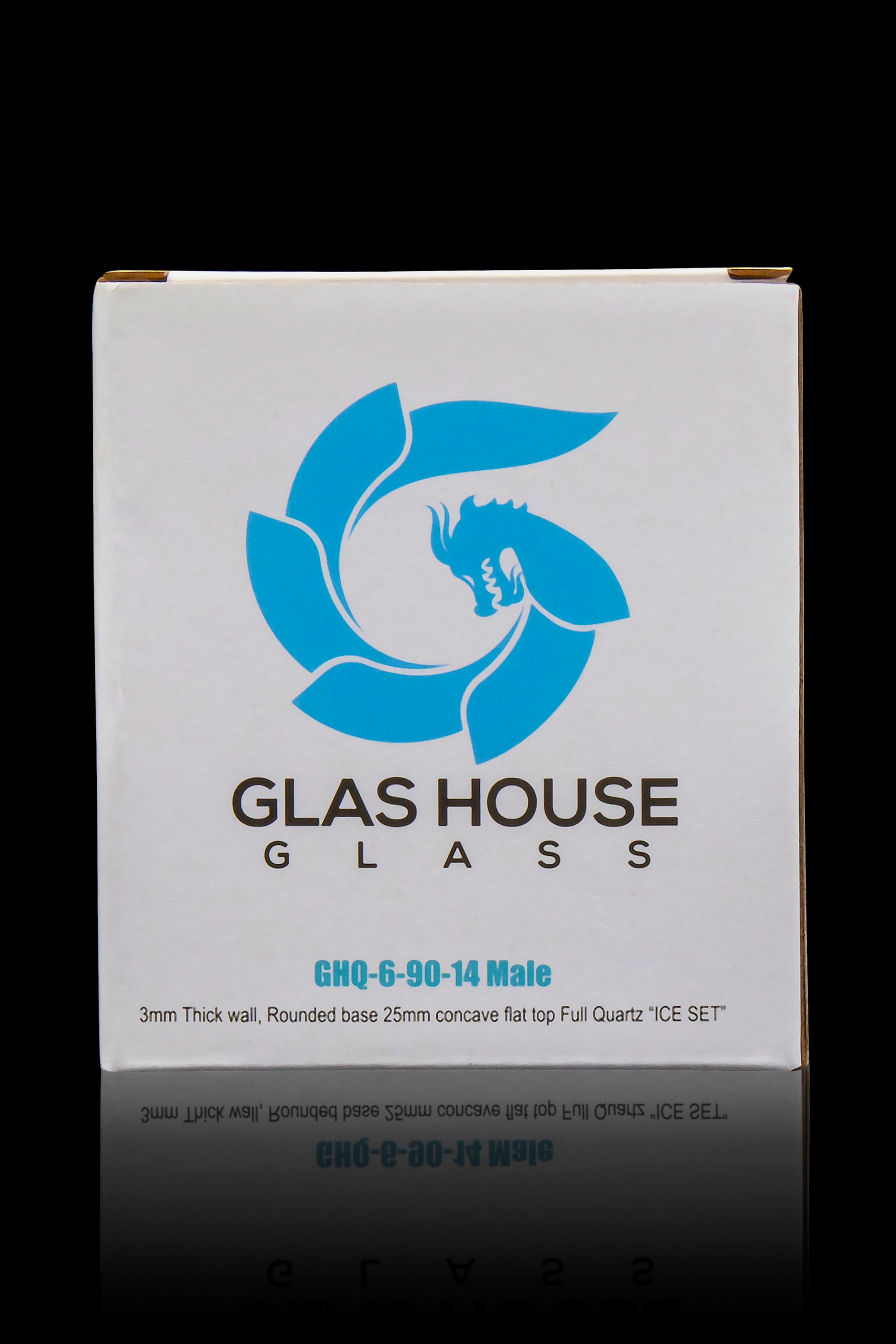 Box for a Glas House Glass “ICE SET” cannabis accessory, displaying product details like wall thickness and base dimensions.