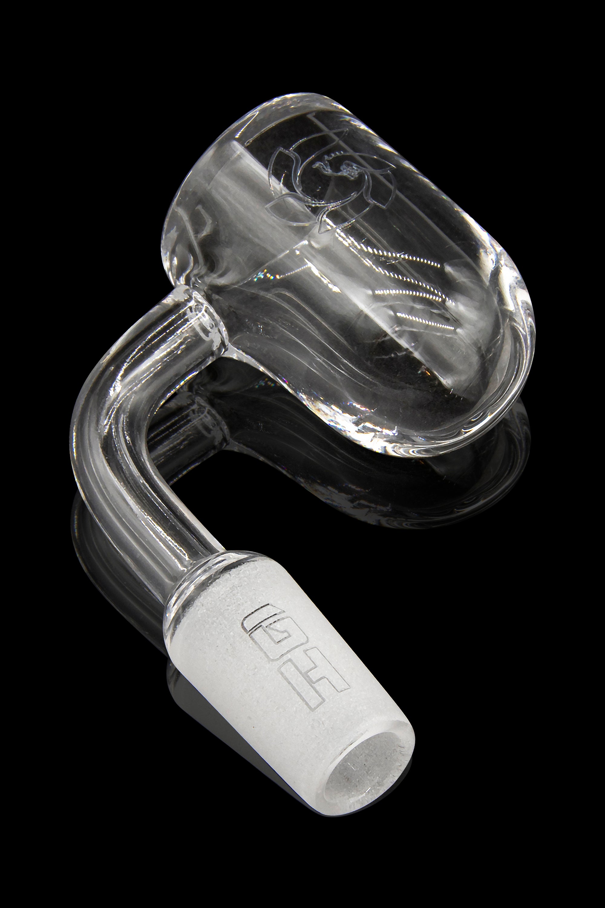 Clear glass dab rig with a bent neck and frosted joint.