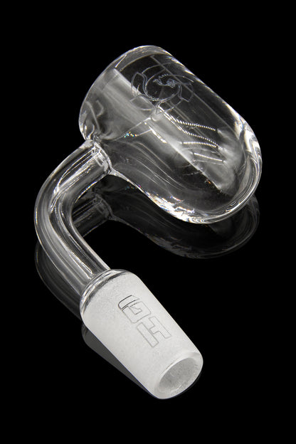 Clear glass dab rig with a bent neck and frosted joint.