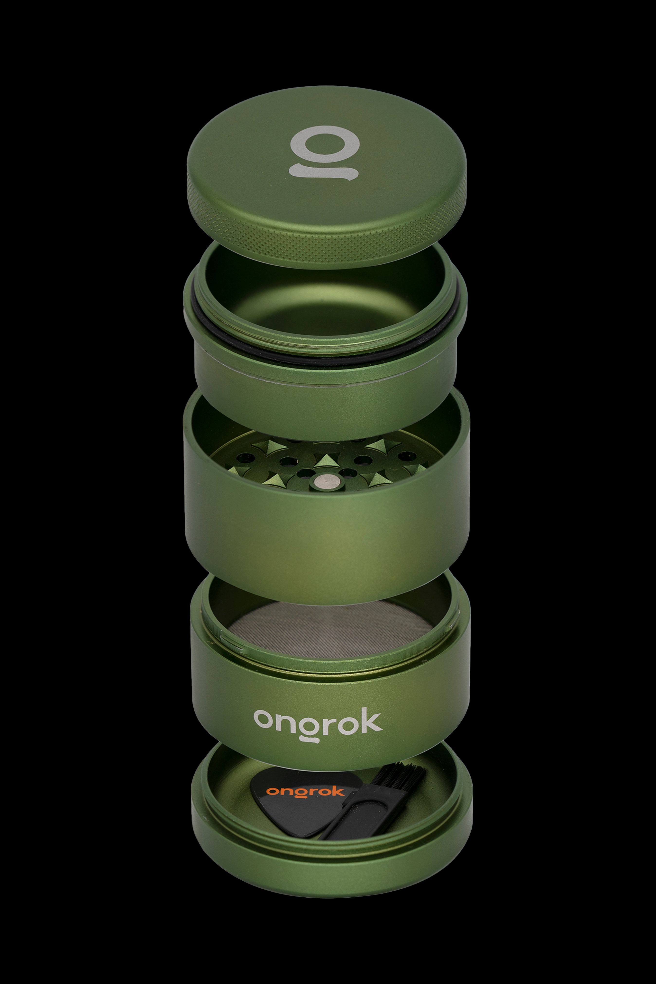 Green cannabis grinder with components separated, displaying the brand "onrok".