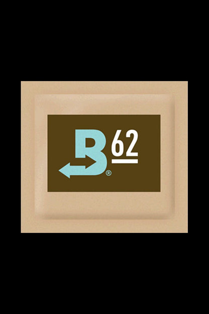 Close-up of the Boveda Humidity Control Pack for Dry Herbs - 62% with bold white text on a dark background.